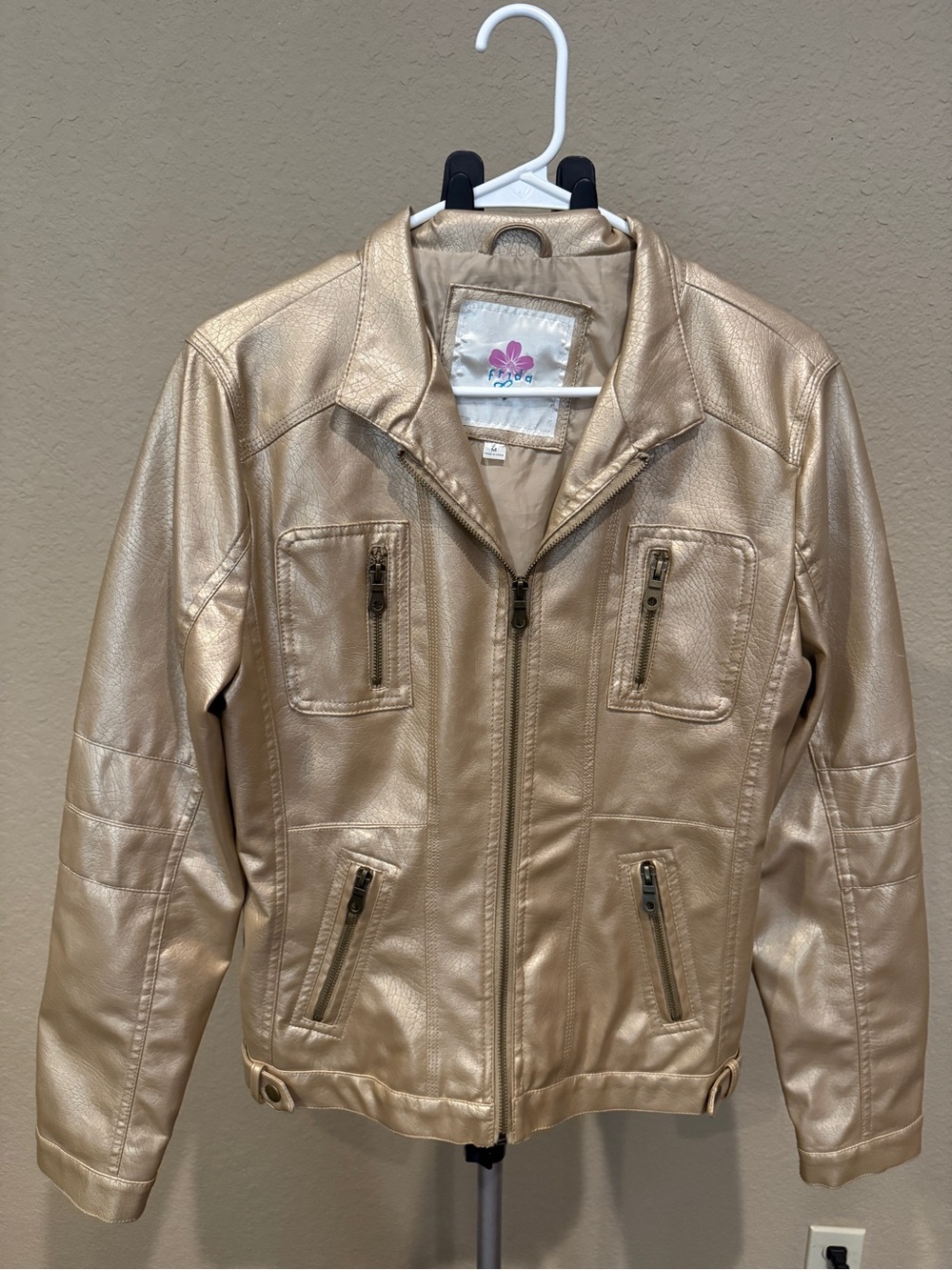 Women's Metallic Gold Faux Leather Zip-Front Jacket